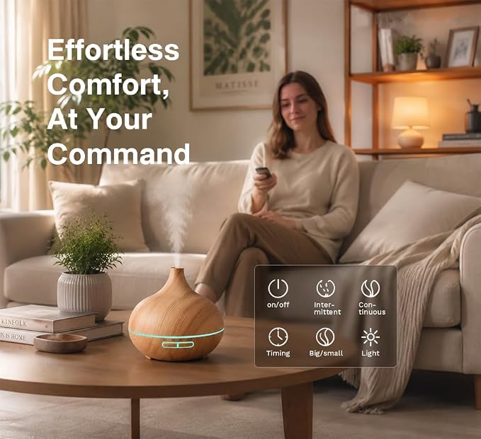 550ml Large Capacity Essential Oil Diffuser with 6 Essential Oil Set, Remote Control Ultrasonic Diffuser,Humidifier for Home Decor,7 Color LED Light with Waterless Auto-Off (Light)