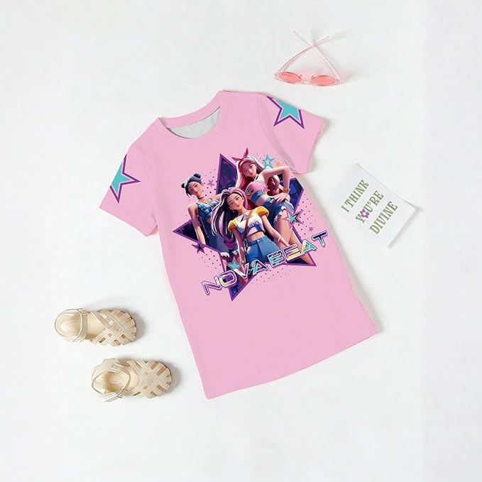 Girl's Anime K-POP Graphic Long Dress T-Shirt - Casual Loose Fit Short Sleeve Top