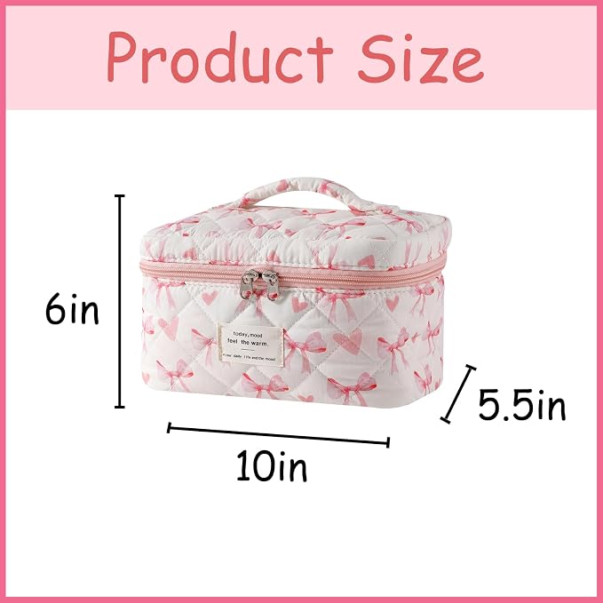 uekeboag Large Travel Quilted Makeup Bag for Women, Floral Cotton Cosmetic Bag, Coquette Aesthetic Floral Toiletry Organizer Bag