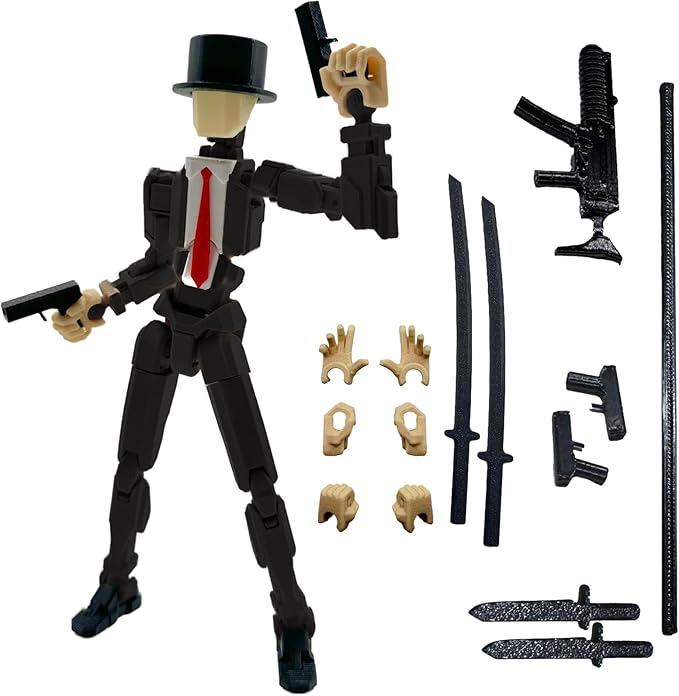 3D Printed 5.54-inch Multi-Jointed Action Figures Dummy13, Full Body Mechanical Movable Toy, Multiple Accessories, Hand Painted Figure, Desk Decoration, Creative Gifts (Y-Black Gentleman)