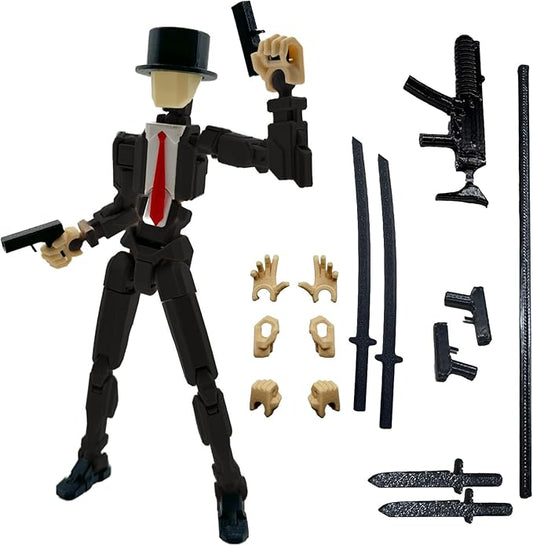 3D Printed 5.54-inch Multi-Jointed Action Figures Dummy13, Full Body Mechanical Movable Toy, Multiple Accessories, Hand Painted Figure, Desk Decoration, Creative Gifts (Y-Black Gentleman)