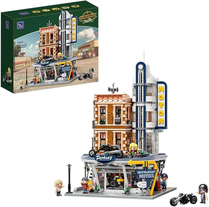 Retro Motorcycle Diner & Bar Building Set - Modular Street Corner Architecture Kit with Interactive Doors, Openable Walls, 4 Motorcycles & 5 Exclusive Minifigures for Display & Play