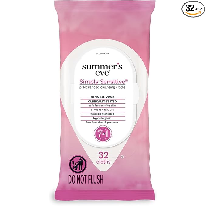 Summer's Eve Simply Sensitive Daily Gentle Feminine Wipes, Removes Odor, pH Balanced, 32 count