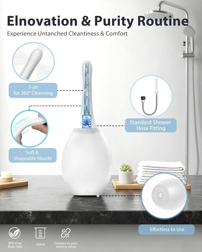 Enema Douche Anti Back-Flow, Anal Douche Connected to Shower Hole,Enema Bulb with 7 Spouts, Reusable Portable Enema Vaginal Cleaner kit for Men Women (White)