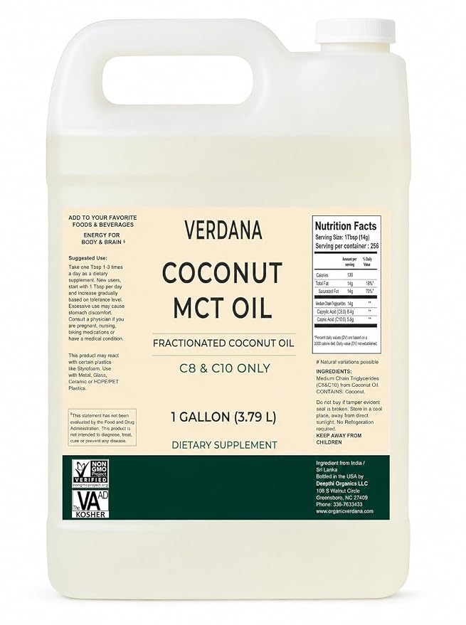 Verdana MCT Oil, Fractionated, 100% from Coconut - 1 Gallon - Kosher Food Grade, Vegan, Non-GMO - Great for Keto and Paleo Diet (128 Fl Oz)