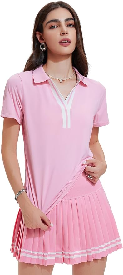 Women 2 Piece Tennis Skirt Set Pleated Golf Outfit, Polo V-Neck Athletic Dress Alternative Skort Set for Pickleball Pockets