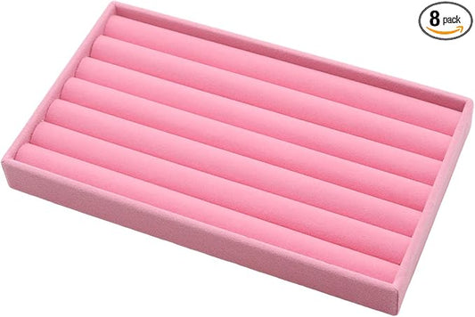 Velvet Jewelry Organizer Trays Pink 8 Rolls | Stackable Jewelry Storage Display Tray for Drawer or Dresser Organizer
