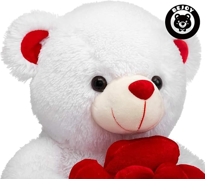BEJOY Teddy Bear Stuffed Animals Plush Bear Holding Rose Soft Plush Toy Gifts 16 inches White
