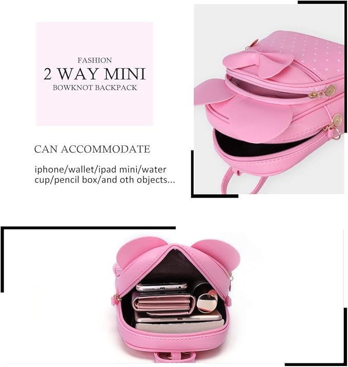 KL928 Girls Mini Backpack Bowknot Polka Dot Cute Small Daypacks Convertible Shoulder Bag Purse for Women
