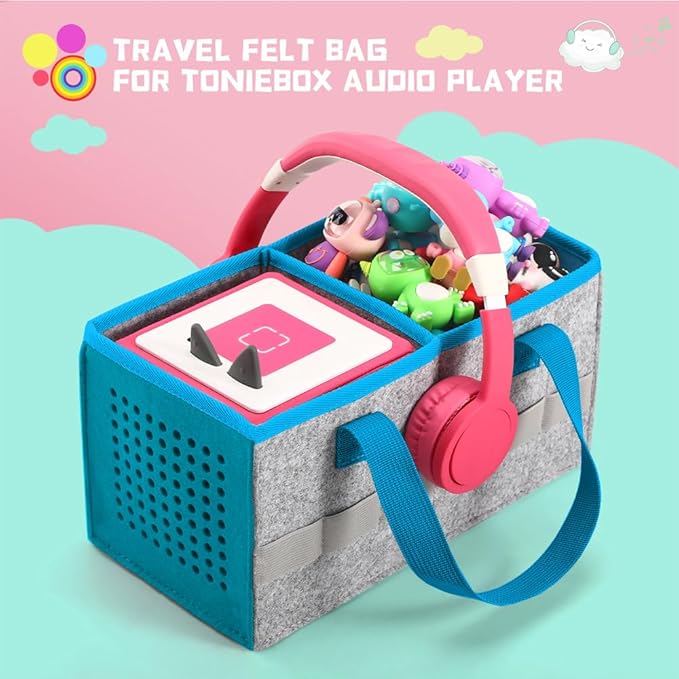PISOSN Carrying Case for Toniebox Starter Set and Tonies Figurines, Travel Felt Cloth Musical Toy Folding Bag for Toniebox 2 & Accessories (Blue)