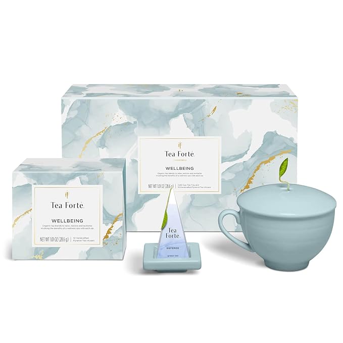 Tea Forte Gift Set with Cafe Cup, Tea Tray, Mini Presentation Box with 10 Handcrafted Pyramid Infuser Tea Bags, Wellbeing Tea