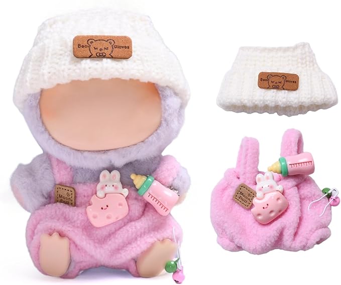 17 cm Doll Clothes (No Doll) - Premium Doll Clothing & Accessories, Pink Back Dress Set - Knit Hat + Bottle Hair Clip + Plush Back Pants(Style H)