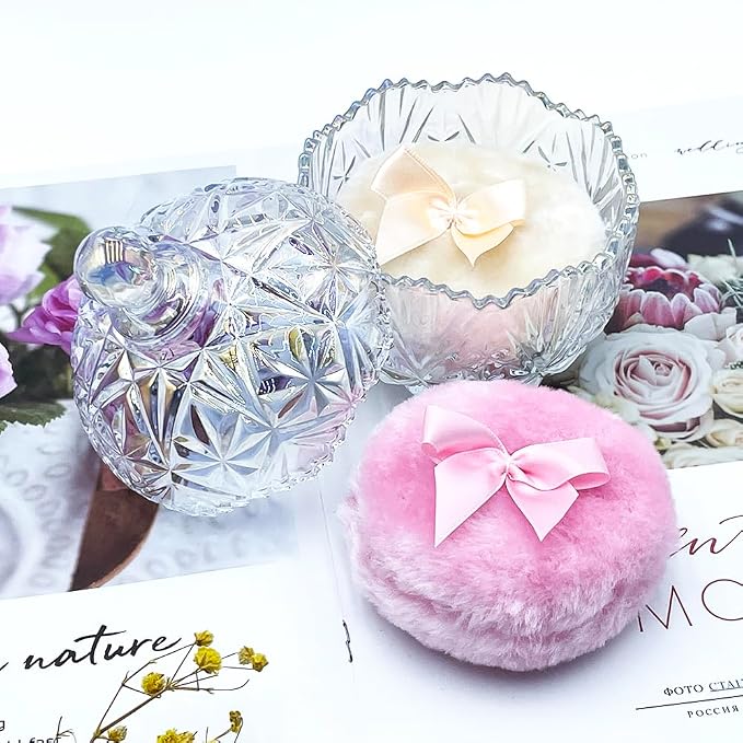 Luxury 4 Inch Glass Loose Powder Container with 2 Soft 3.5" Puffs｜Non-Sealed Refillable Organizer Storage for Body Powder Makeup & Jewelry & Setting Applicator(Crown-Dazzling Color)