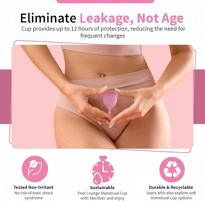Angel's Peel Lounge Menstrual Cup for Women - 100% Medical-Grade Leak-Free Soft & Flexible Silicone Cup - 12 Hour Leak Protection Eco-Friendly & Reusable Period Cups for Women - Pink - Large