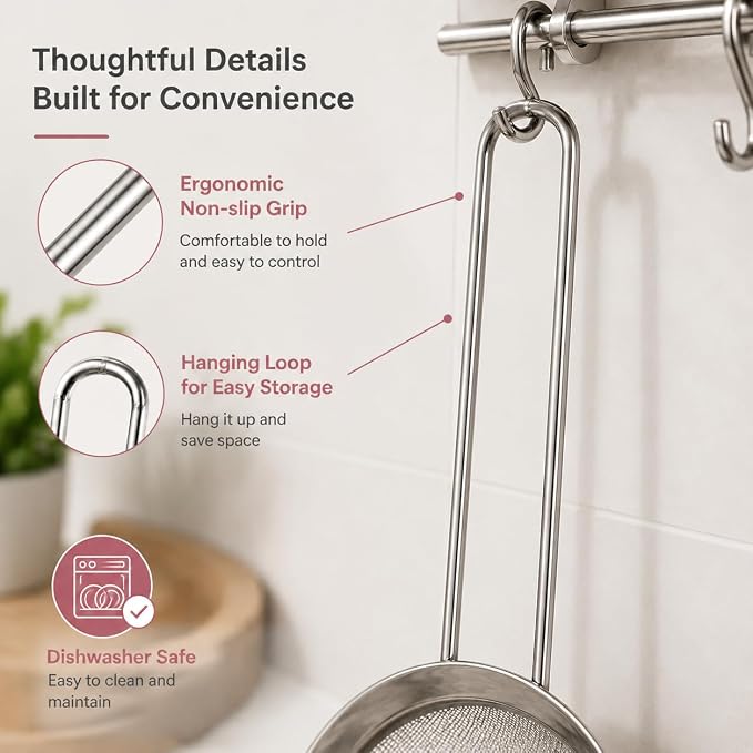 E-far Fine Mesh Strainer Set of 2, 3.3 Inches Stainless Steel Tea Strainer with Long Handle, Small Conical Mesh Strainers Sieve for Cocktail Coffee Food, Rust Proof & Easy to Clean (Silver)