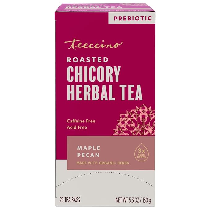 Teeccino Maple Pecan Herbal Tea - Rich & Roasted Herbal Tea That’s Caffeine Free & Prebiotic for Natural Energy, Coffee Alternative, 25 Count
