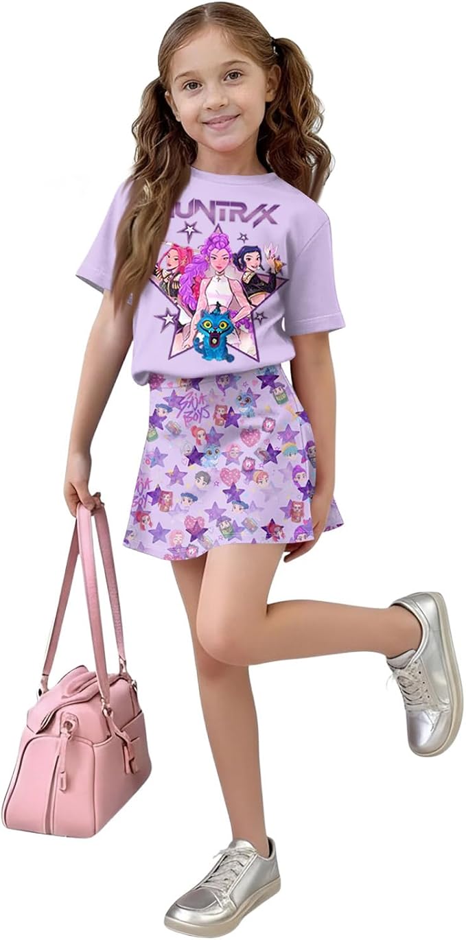 HTHLVMD K Pop Short Sleeve T-Shirt and Skirts Outfits Set for Girls Hunters Rumi Mira Zoey Graphic Tees De-Mon Costume