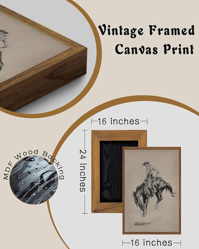 ZZLWBKGL Western Wall Decor Bronco Buster Canvas Art Cowboy Framed Wall Art | Vintage Artwork Farmhouse Picture Retro Country West Paintings for Living Room Bedroom 16x24in