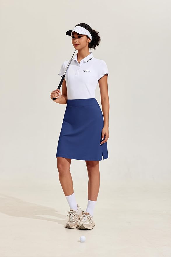 COOrun Women's 20" Knee Length Skirts High Waisted Golf Skorts with Pockets | Soft, Quick Dry, Split Hem, Built-in Shorts, A-line, Modest Skirts, for Golf Athletic Tennis Work Casual