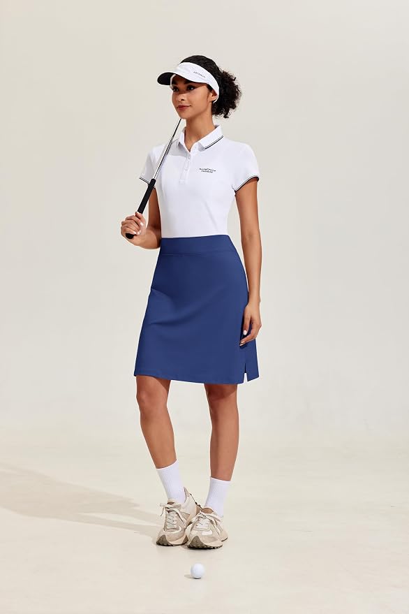 COOrun Women's 20" Knee Length Skirts High Waisted Golf Skorts with Pockets | Soft, Quick Dry, Split Hem, Built-in Shorts, A-line, Modest Skirts, for Golf Athletic Tennis Work Casual