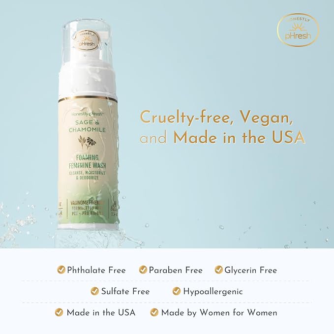 Honestly pHresh Foaming Feminine Wash for Women – pH Balanced Natural Intimate Cleanser with Prebiotics & Probiotics. Vegan, Sensitive Skin Safe. Made In USA - Unscented, 5 oz