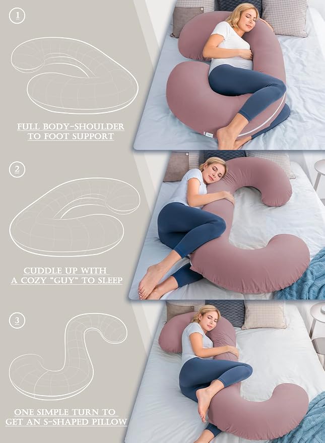 INSEN Cooling Pregnancy Pillow, Maternity Pillow with Soft Cotton Cover, C Shaped for Pregnant Sleeping, Dark Pink
