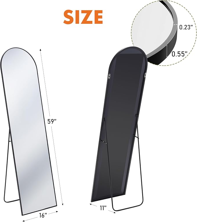 OLIXIS 59"x16.6" Arched Full Length Mirror, Full Body Mirror with Stand | Aluminum Alloy Thin Frame, Free Standing Mirrors for Bedroom, Hanging or Leaning Floor, Living Room Bedroom, Black