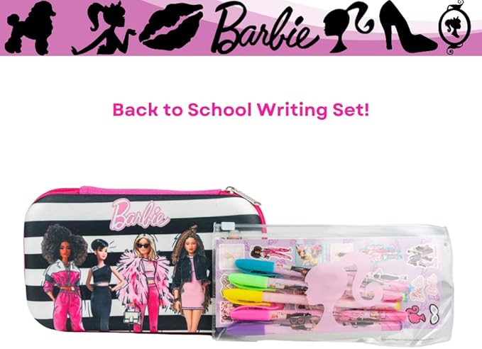 Innovative Designs Barbie Pencil Case Set with Stickers and Gel Pens for Kids, Molded with Zip Closure, Pink