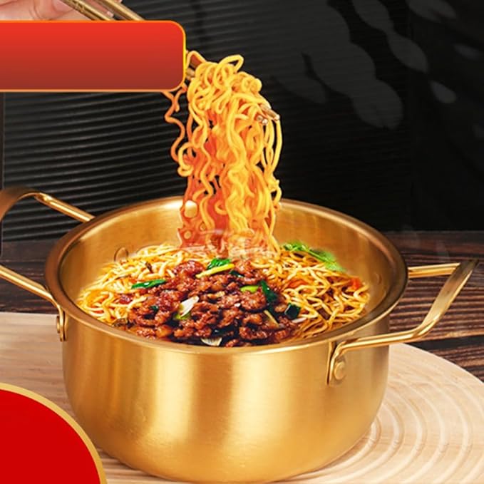Korean Ramen Cooking Pot 17.6cm - Stainless Steel Mini Hot Pot Design Noodle Pot for Induction & Gas Stove, Easy-Clean Gold