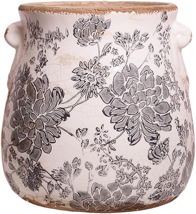 Tuscan Ceramic Planter & Vase, 6.68" Indoor/Outdoor Decorative Plant Pot | Unique Boho Flower Pot with Drainage, French Country Decor, Room & Home Ornament, Plant Gifts for Women, Vintage Grey