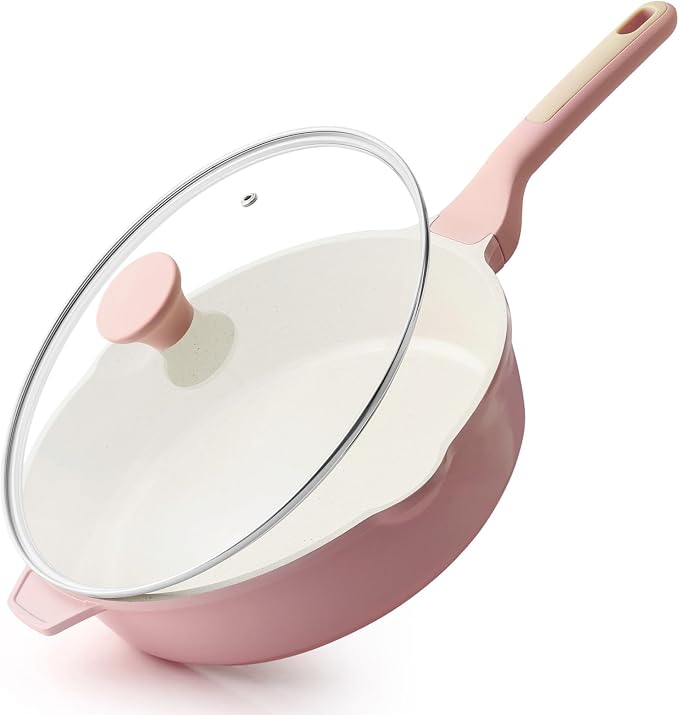 SENSARTE Nonstick Ceramic Skillet with Lid 11-inch, 4.5QT Non Toxic Deep Frying Pan, Saute Pan with Lid, Stay-cool Handle, Healthy Cooking Pot, Induction Compatible, Pink