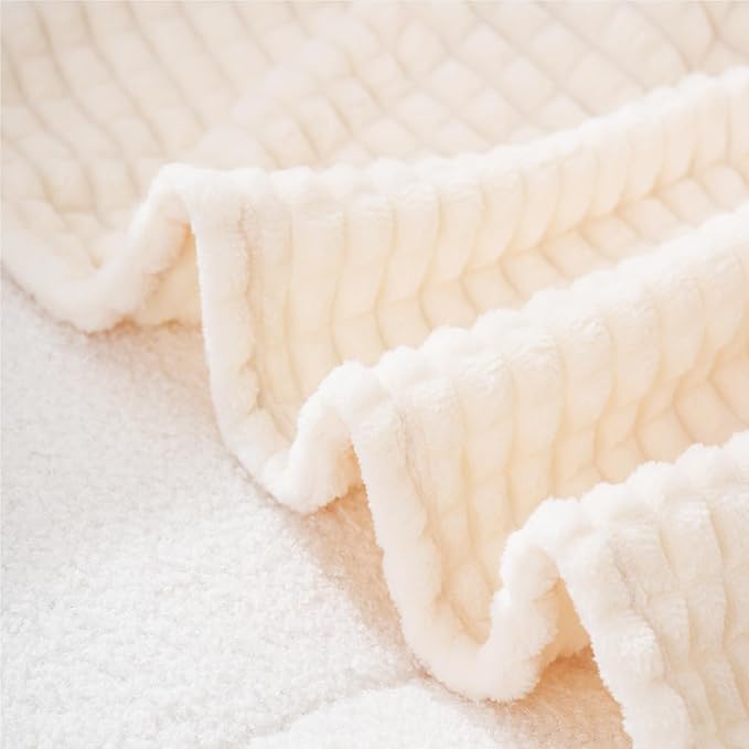 Puncuntex Fleece Throw Blanket Cream White 50"×70" with Square Grid Design | Super Soft Plush Cozy Flannel Throw Blanket Luxury for Couch Sofa Chair