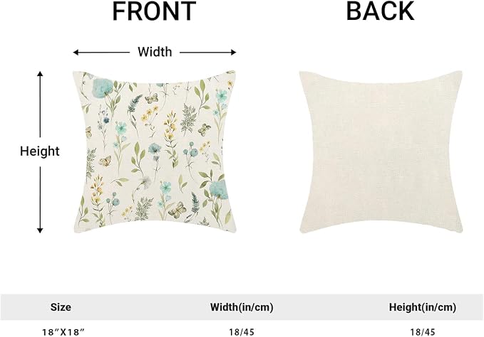Spring Pillow Covers 18x18 Inch Set of 2, Aqua Teal Sage Green Wild Flower Throw Pillows Case,Colorful Seasonal Floral Plant Outdoor Decorative Farmhouse Decor Cushion Covers for Sofa Bed Couch