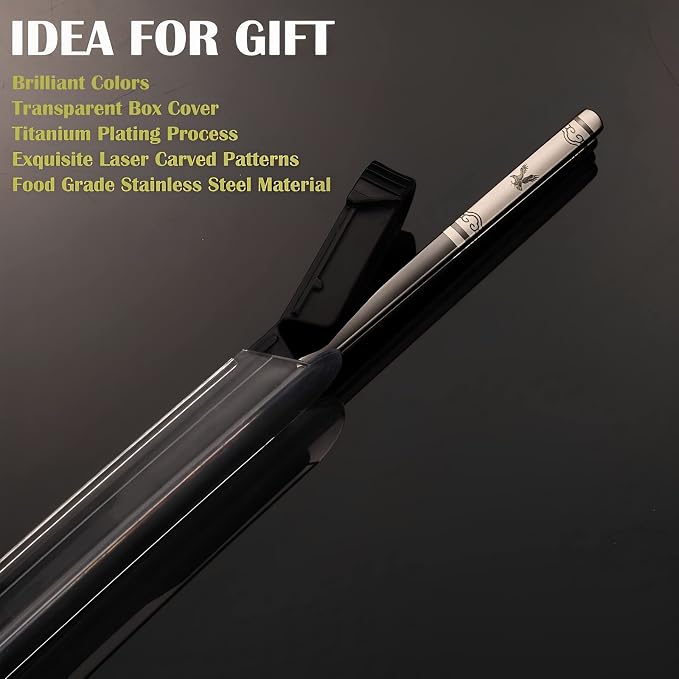 Travel Chopsticks with Case, Black Blue Eagle, 2 Pairs | Metal Stainless Steel, Titanium Plated, Reusable & Dishwasher Safe, For School, Home, Office, Outdoor, Bento Box Use