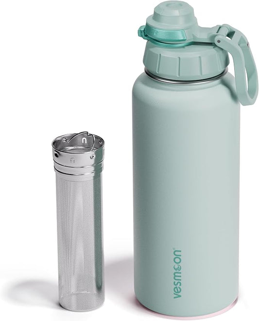 Vesmoon Vessence 32 Oz Stainless Steel Tea Infuser Bottle for Loose Leaf Tea, Water, Herbs, Fruits - Triple Layered Insulated, Leak Proof Bottle with Lid and Clip Handle - 24 Hours Hot/Cold