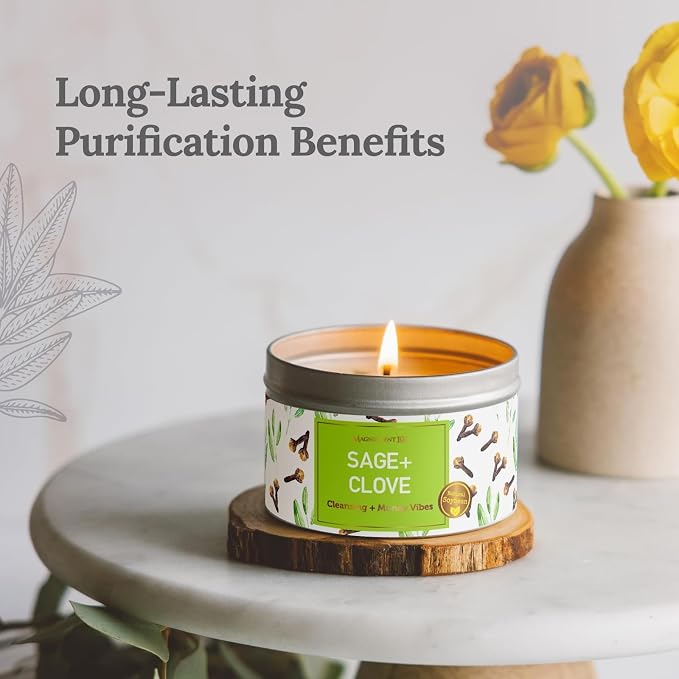 MAGNIFICENT 101 Sage & Clove Aromatherapy Candle - 6 Oz White Soy Wax - 35-Hour Burn Time - Long Lasting Sage & Energy Cleansing - Manifestation & Spiritual Decor