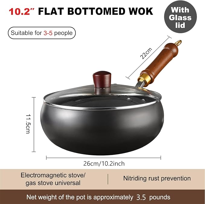 Carbon Steel Wok Pan, 10.2 INCH Nonstick Pre-Seasoned Woks & Stir-Fry Pans with Lid, No Chemical Coating Wok Flat Bottom Small Handmade Chinese Wok for Induction, Gas, Electric & All Stoves