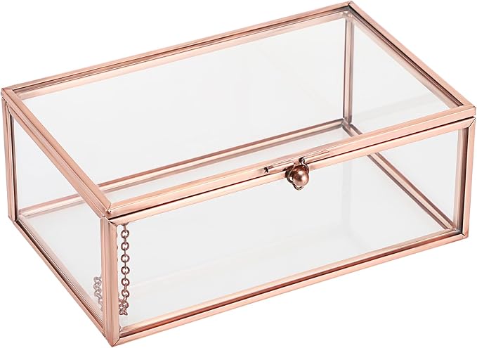 Hipiwe Vintage Glass Keepsake Box Rectangle Jewelry Display Organizer Lidded Box Home Decor Glass Decorative Box for Trinket Rings Earrings Bracelet, Rose Gold, Small