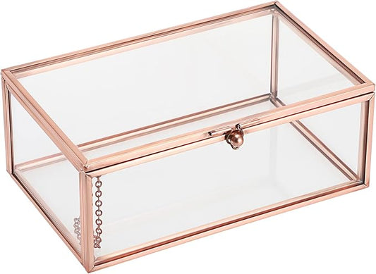 Hipiwe Vintage Glass Keepsake Box Rectangle Jewelry Display Organizer Lidded Box Home Decor Glass Decorative Box for Trinket Rings Earrings Bracelet, Rose Gold, Small