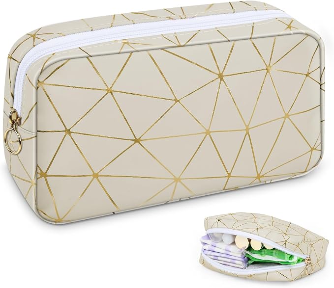 Tampon Holder for Purse Period Bag Waterproof Geometric PU Sanitary Napkin Storage Bag Portable Menstrual Cup Pad Pouch Cute Makeup Bag Feminine Gift Apricot Gold