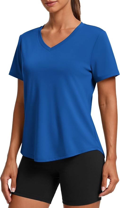 PINSPARK Soft Workout Tops for Women Short Sleeve V Neck Moisture Wicking UPF 50+ Sun Protection Quick Dry Gym Shirts