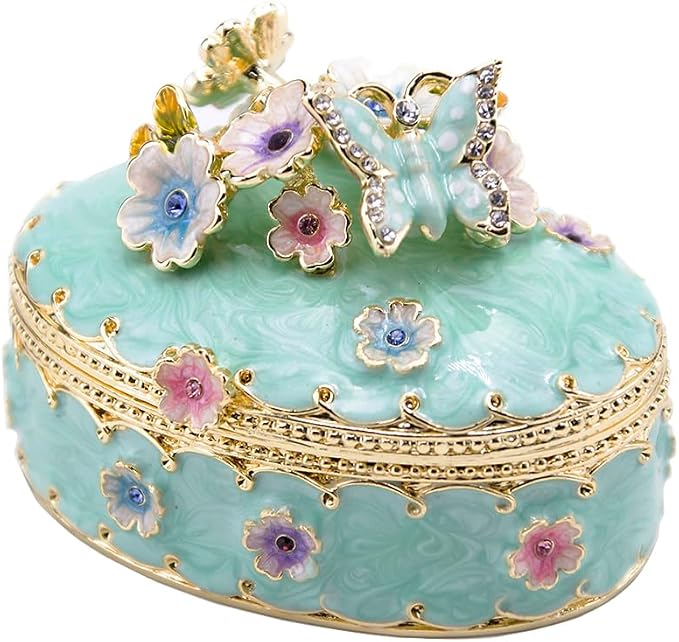Jewelry Trinket Box Decorative Vintage Style Jewelry Organizer for Women Rhinestones Jewelry Storage Home Decor Unique Gift (Oval Blue)