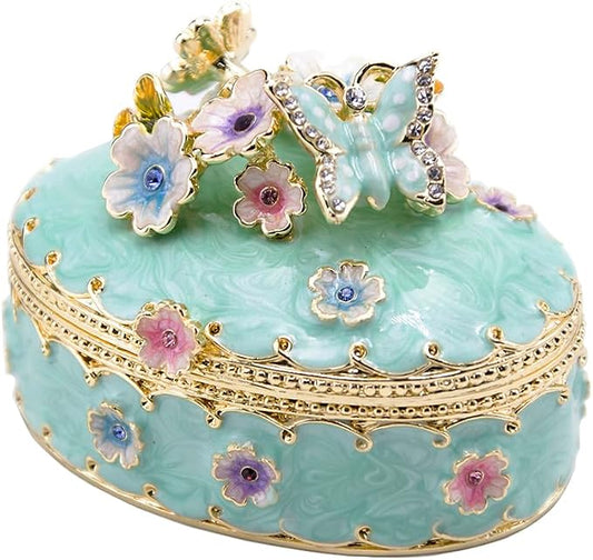 Jewelry Trinket Box Decorative Vintage Style Jewelry Organizer for Women Rhinestones Jewelry Storage Home Decor Unique Gift (Oval Blue)