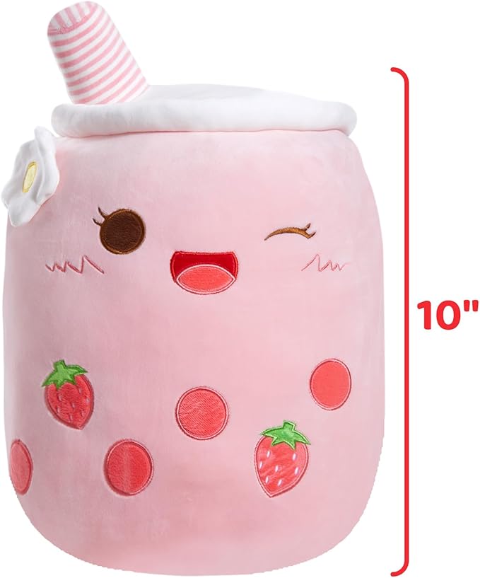 Athoinsu Light Up Strawberry Boba Tea Soft Plush Pillow 10'' Kawaii Milky Tea Stuffed Bubble Animal Toy with LED Lights Birthday Christmas Holiday Valentines Gifts for Kids,Girls,Boys