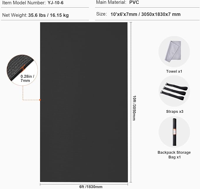 VEVOR Large Exercise Mat, 12'x6'/10'x6'/9'x6'/8'x6'/8'x5'/7'x5'/6'x4' (7mm) Extra Thick, Non Slip High Density Premium Workout Mat, Exercise Yoga Mat for Men & Women, Fitness & Exercise Mat with Bag & Carry Strap, for All Types of Home Yoga, Pilate & F...