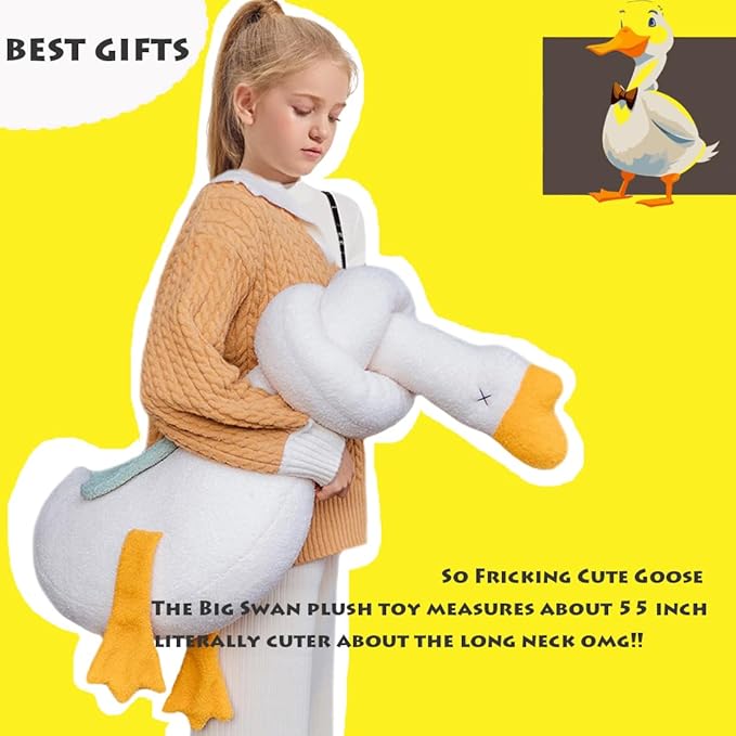 ELAINREN Giant Stuffed Swan with Long Neck,Ultra-Soft White Goose Plush Toy Pillow Cuddly Long Duck Plushie Cushion Decor Gifts for Easter/Xmas,55''