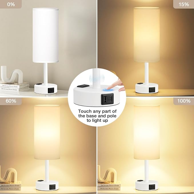Fenmzee Matte White Bedside Table Lamp for Bedroom - 3 Way Dimmable Touch Lamp USB C Charging Ports and AC Outlet, Small Lamp Round Flaxen Fabric Shade for Living Room, Desk, LED Bulb Included