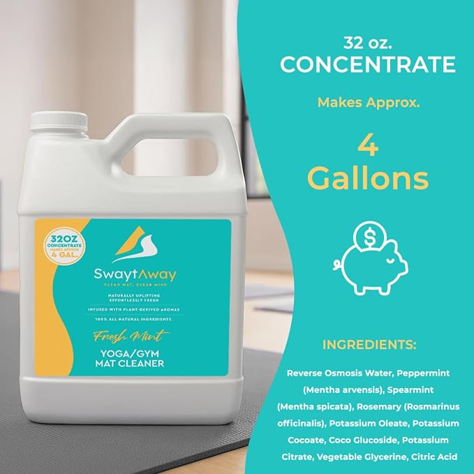 SwaytAway Fitness Mat Cleaner Concentrate – 32oz/Make 4 Gal - No-Slip No-Residue Fresh Mint Essential Oil Formula – USA Made Aromatherapy Yoga Mat Spray for Home & Studio – Natural Cleaning Solution
