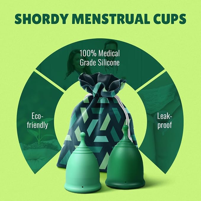 SHORDY Menstrual Cup Set - Reusable Small & Large Period Cups for Beginners | Soft medical grade silicone, 12 hr leak-free comfort, Storage pouch, Disc tampon alternative copa menstrual