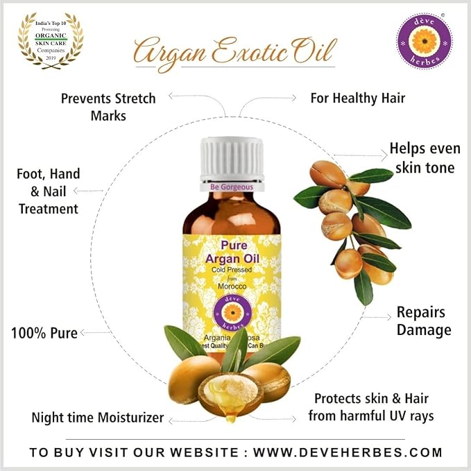 Deve Herbes Pure Argan (Moroccan) Oil (Argania spinosa) Cold Pressed (Pack of Five) 100ml X 5 (16.9 oz)